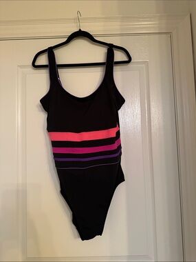 TYR Black One-Piece Swimsuit with Pink and Purple Stripes